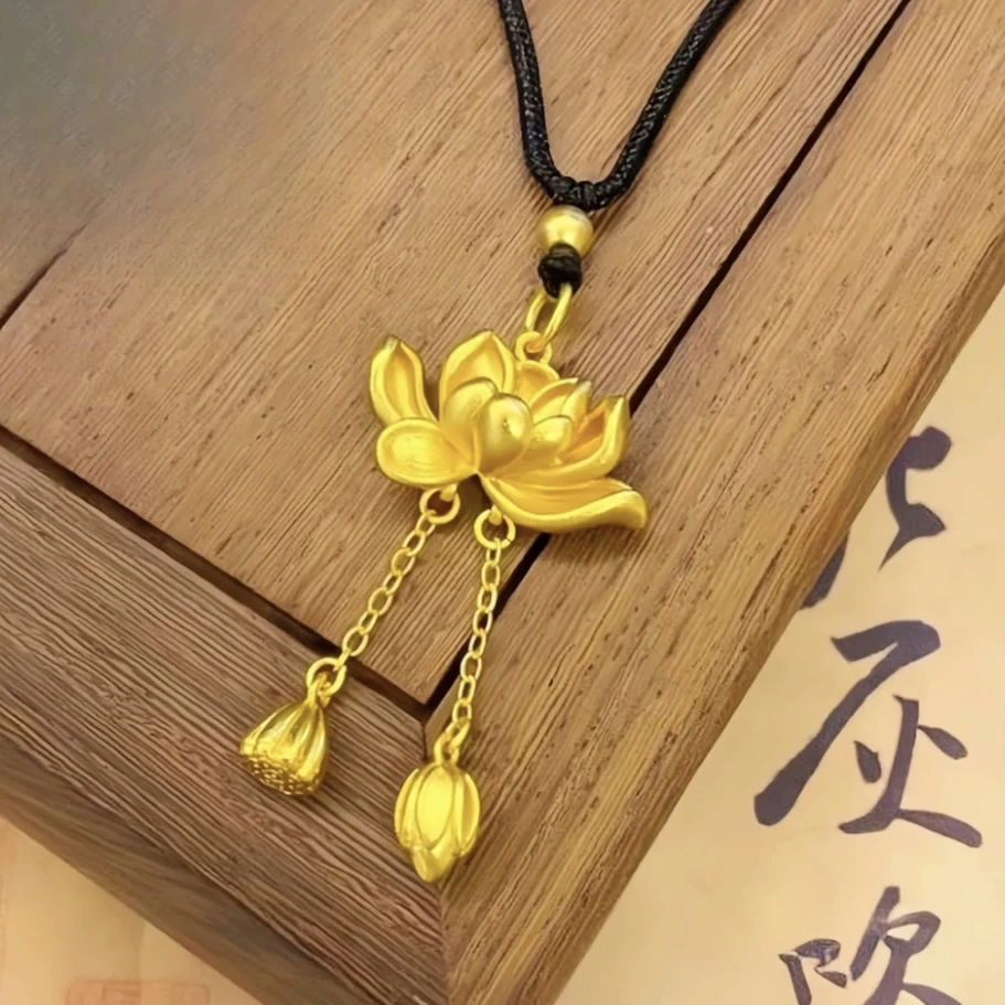 合金吊坠 金色荷花国风吊坠项链