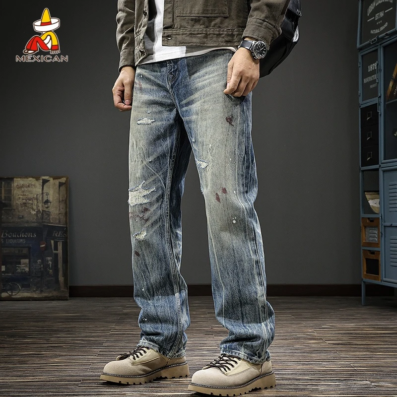 Mexican/稻草人春季纯棉泼墨牛仔裤男款美式潮牌宽松破洞直筒裤子