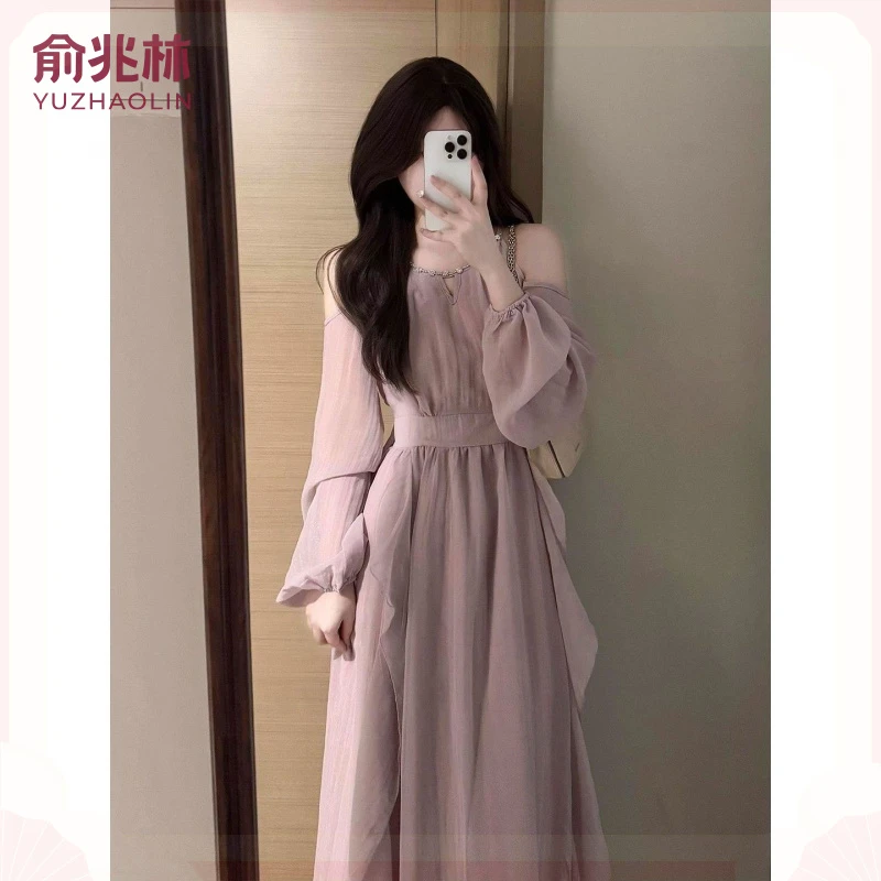 公主裙长裙法式温柔风小个子紫色荷叶边露肩泡泡袖收腰女装女秋