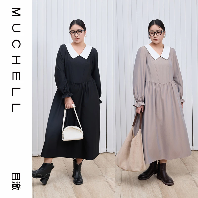 目澈MUCHELL春季新款【沉溺】娃娃领荷叶袖大码连衣裙MDS1LD4062