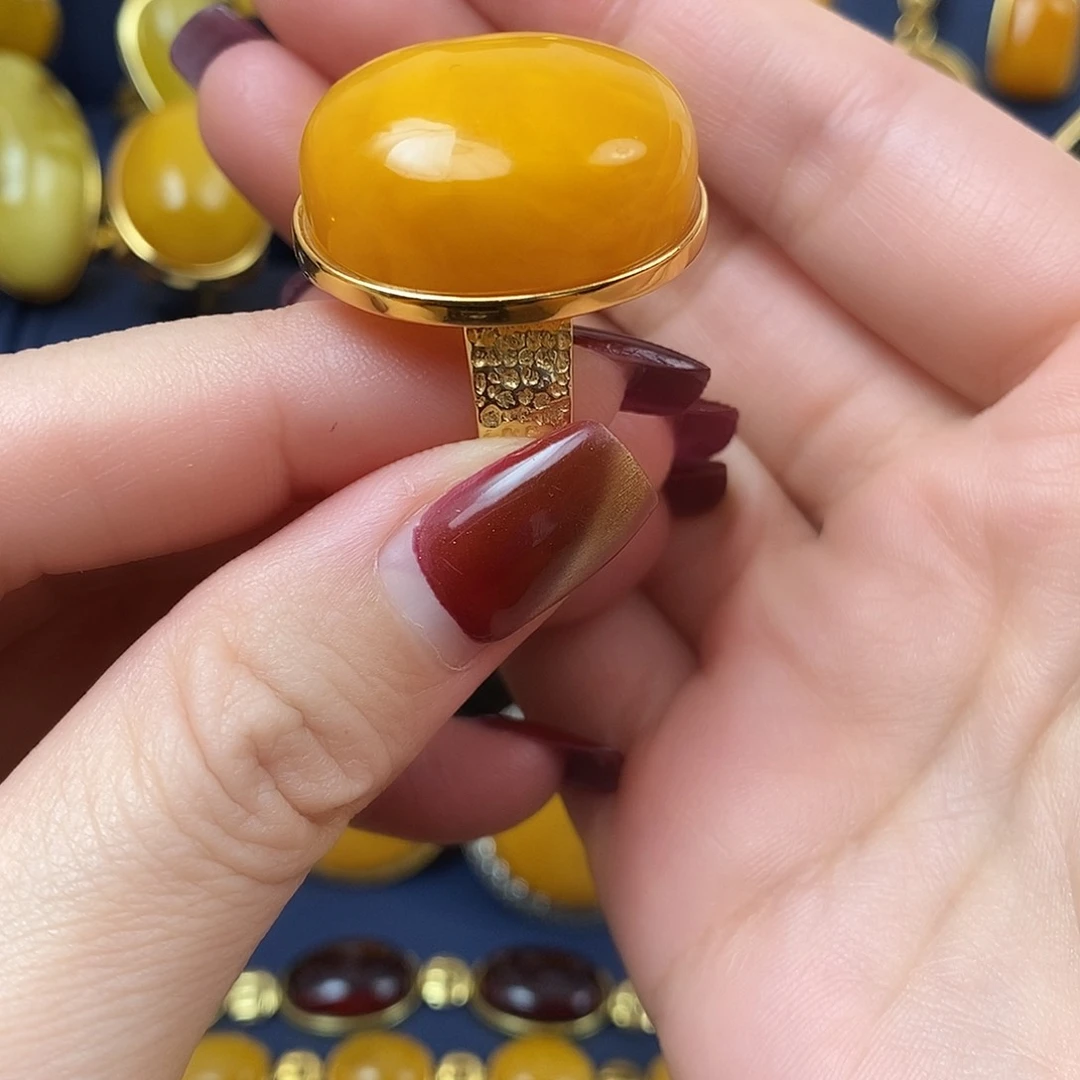 蜜蜡戒指银S925镀金镶嵌