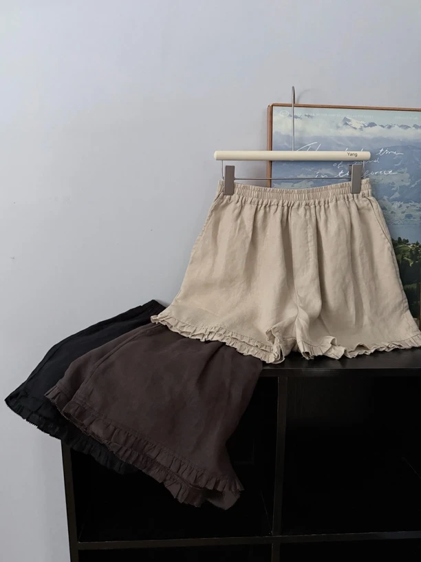 【100亚麻花边短裤】对丝工艺 木耳边亚麻短裤女夏不贴腿阔腿裤休闲