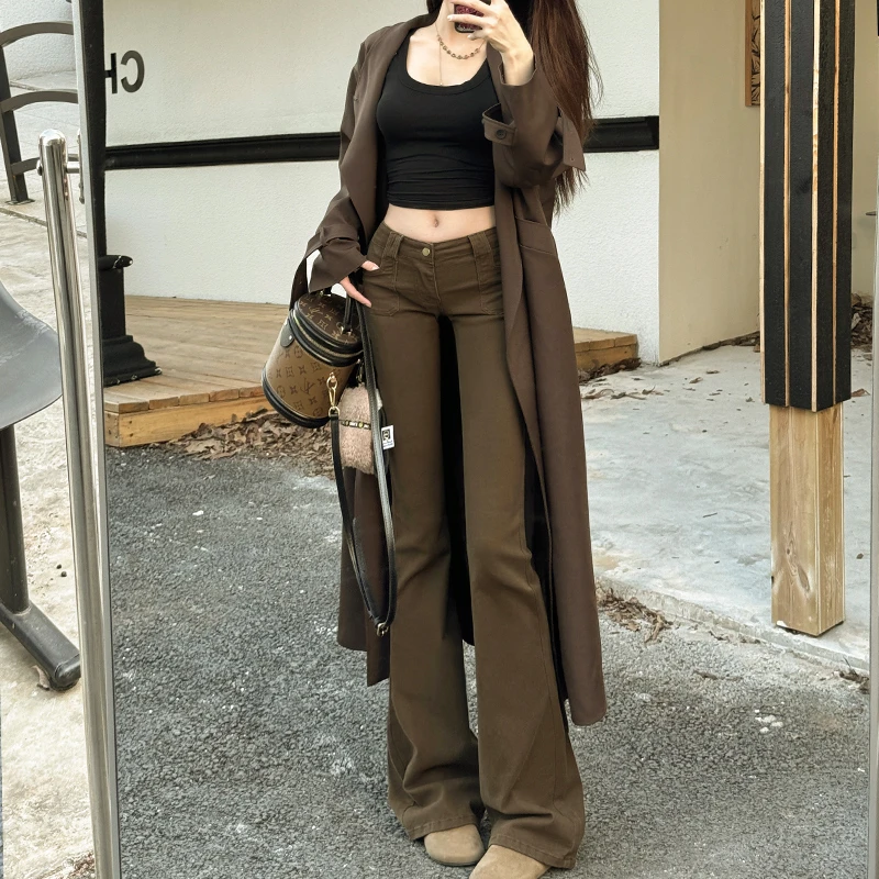 咖色低腰微喇叭辣妹牛仔裤女2025秋季新款显瘦修身设计感爆款百搭