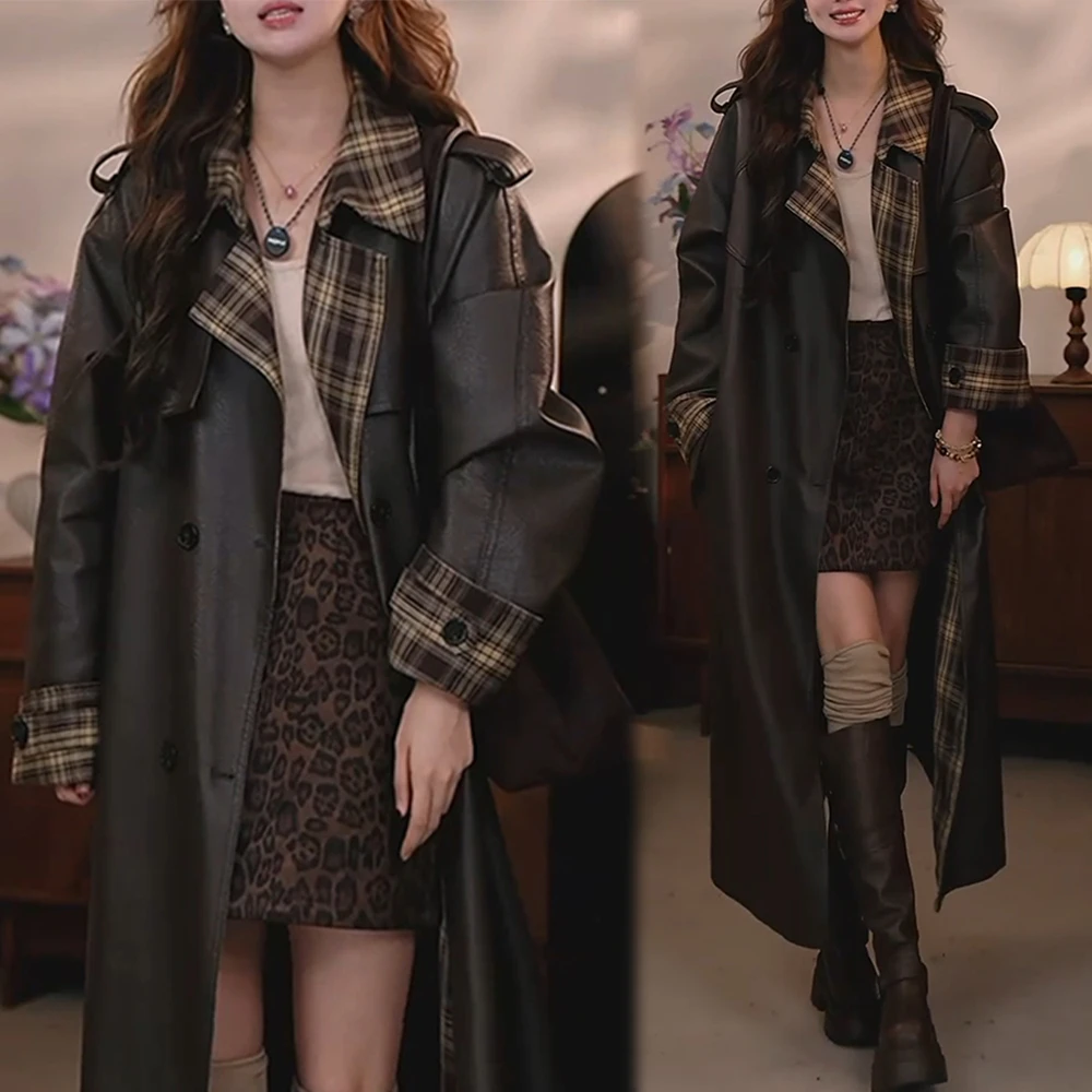 港风复古时髦格子风衣外套女2026年春秋新款气质翻领收腰绑带大衣