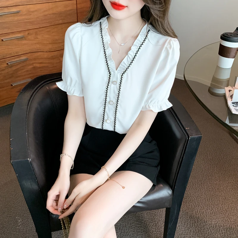 已出货2025爆款V领花边泡泡袖雪纺衫衬衫洋气甜美短袖小衫女