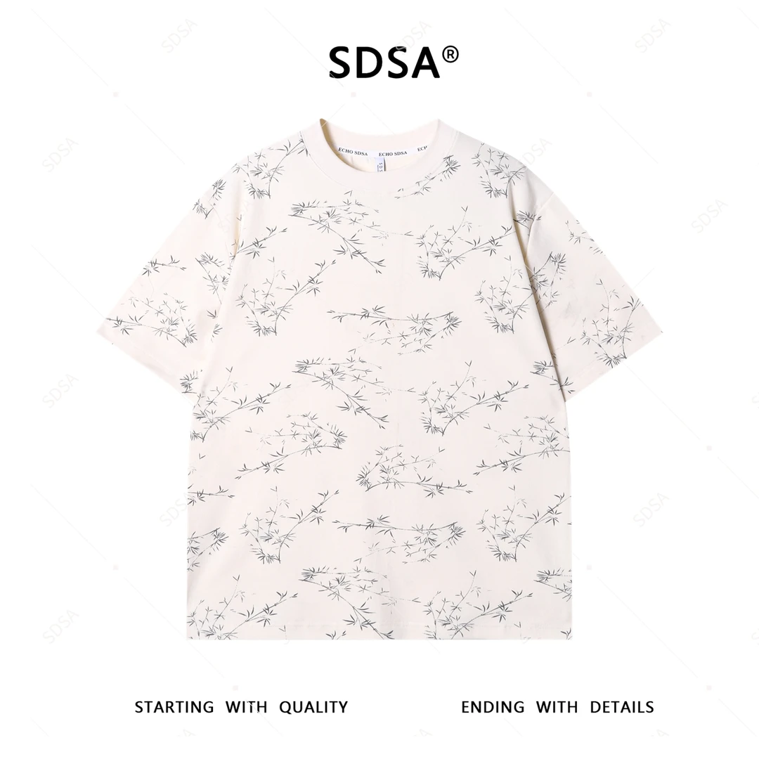 SDSA夏季新款男士痞帅撞色满印竹叶设计圆领短袖T恤国风百搭上衣