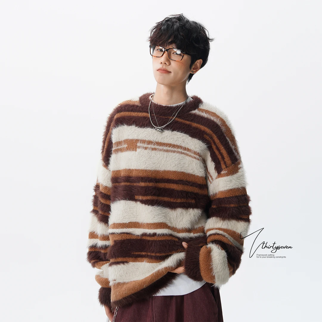 OXR美式复古防马海毛衣男秋季慵懒风针织衫潮牌宽松情侣圆领外套