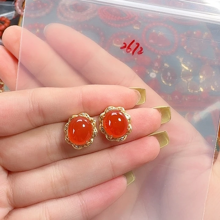 南红玛瑙银S925镶嵌耳饰冰红