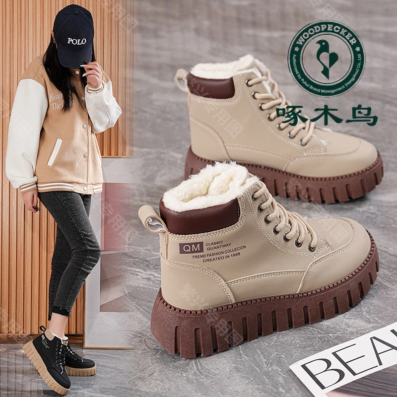 啄木鸟高帮棉鞋女2025冬季新款棉靴女ins厚底加厚加绒保暖雪地靴