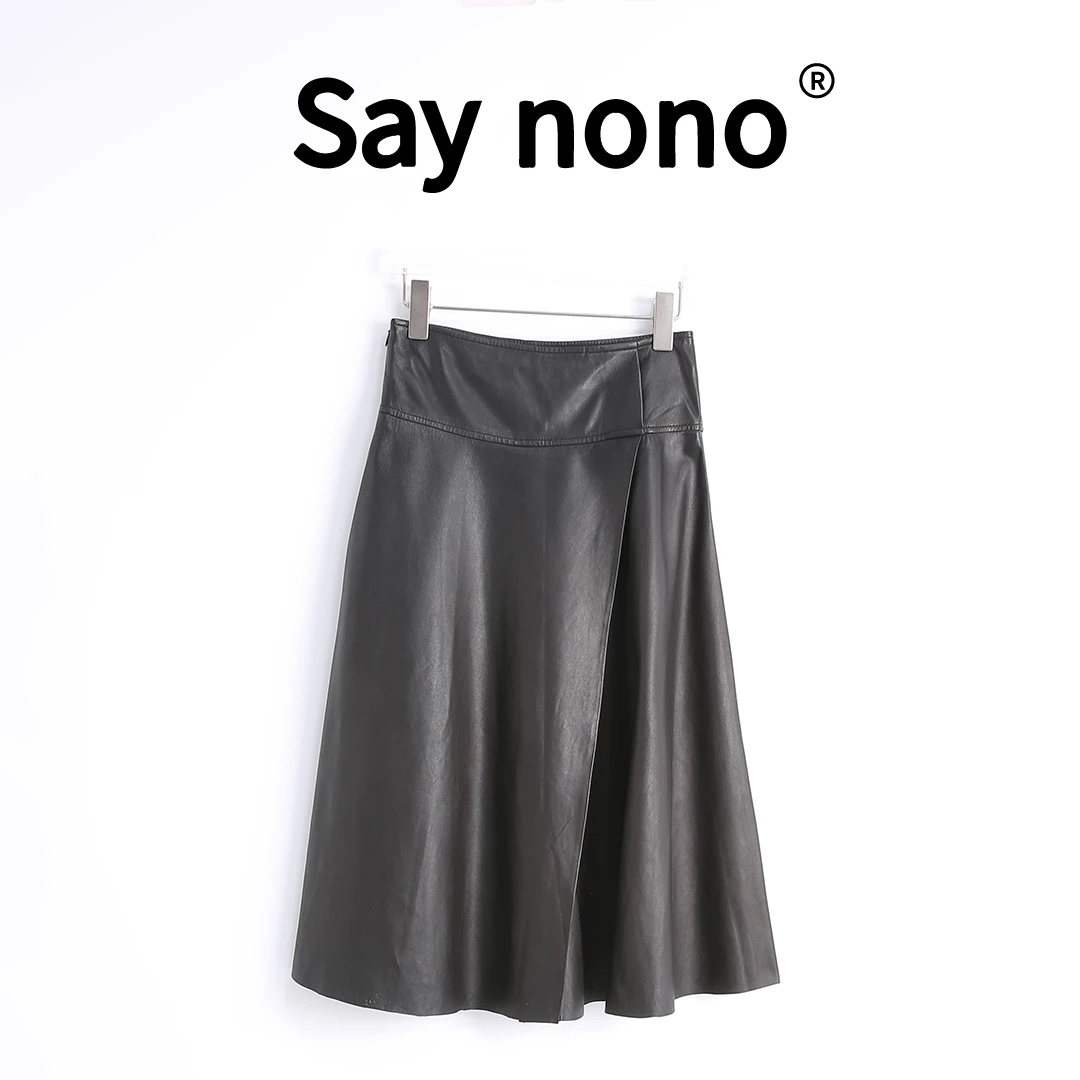 懒猫nono│Saynono 冷艳气质＿中长款高腰A字羊皮半身裙子 /B152