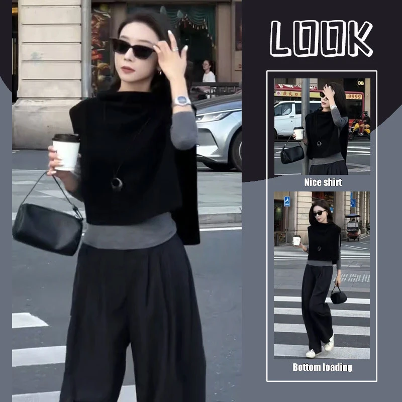 今年流行独特别致黑色针织马甲背心女高级感小香风三件套装裤春季