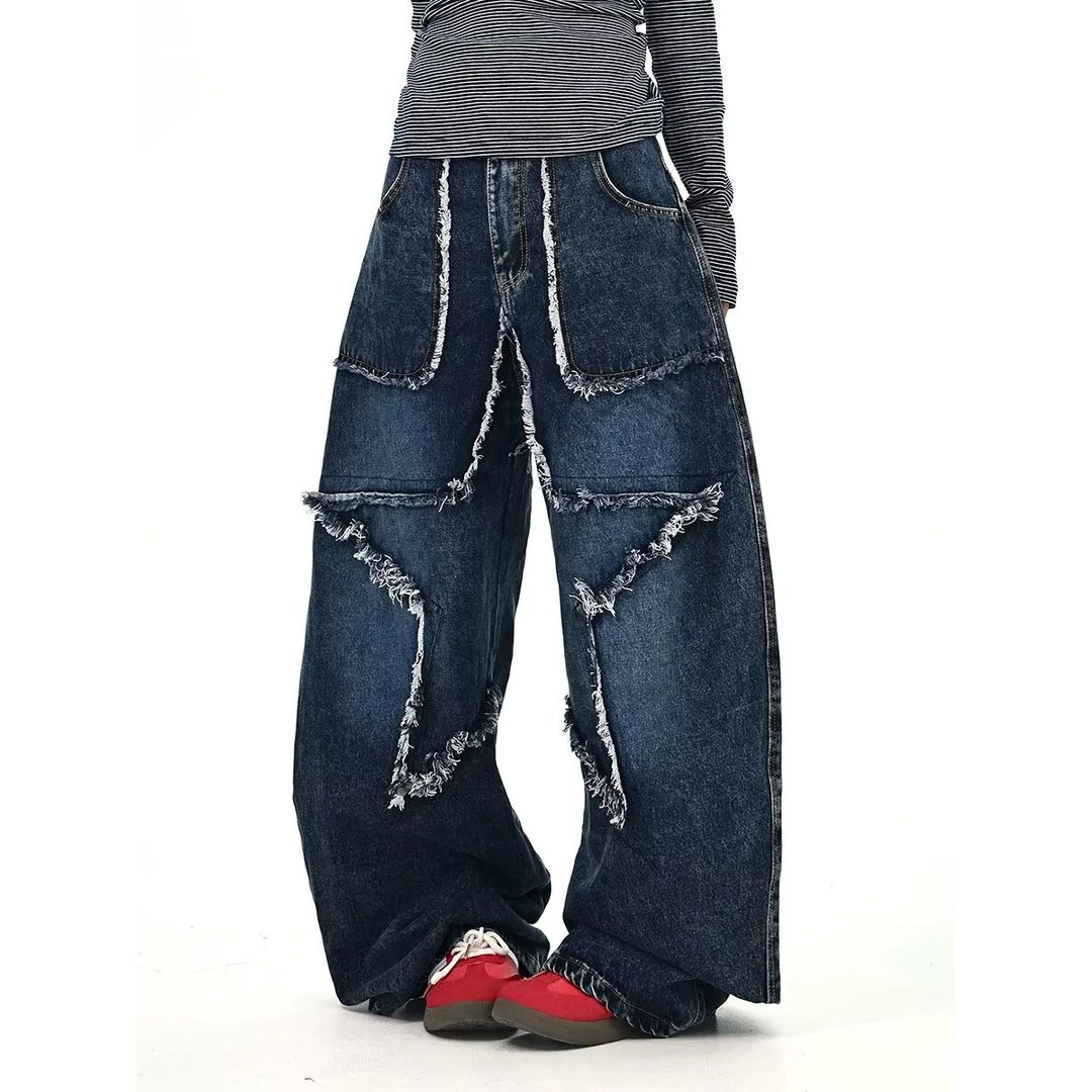 废土风做旧复古破洞牛仔裤女秋季美式设计感宽松垂感直筒阔腿裤子