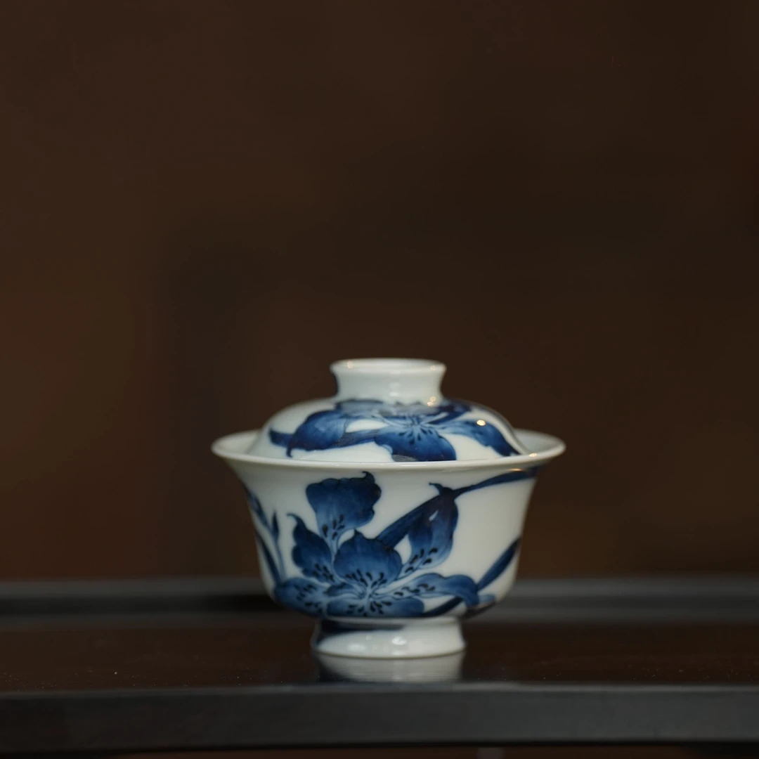 雨后丨湛蓝系列 鸢尾花盖碗 125ML 景德镇瓷器手工手绘茶杯茶具