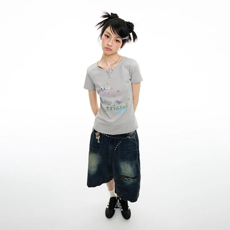 MOMSAYCAN“侄女的口头禅”百搭圆领短袖T恤女休闲上衣印花吊带