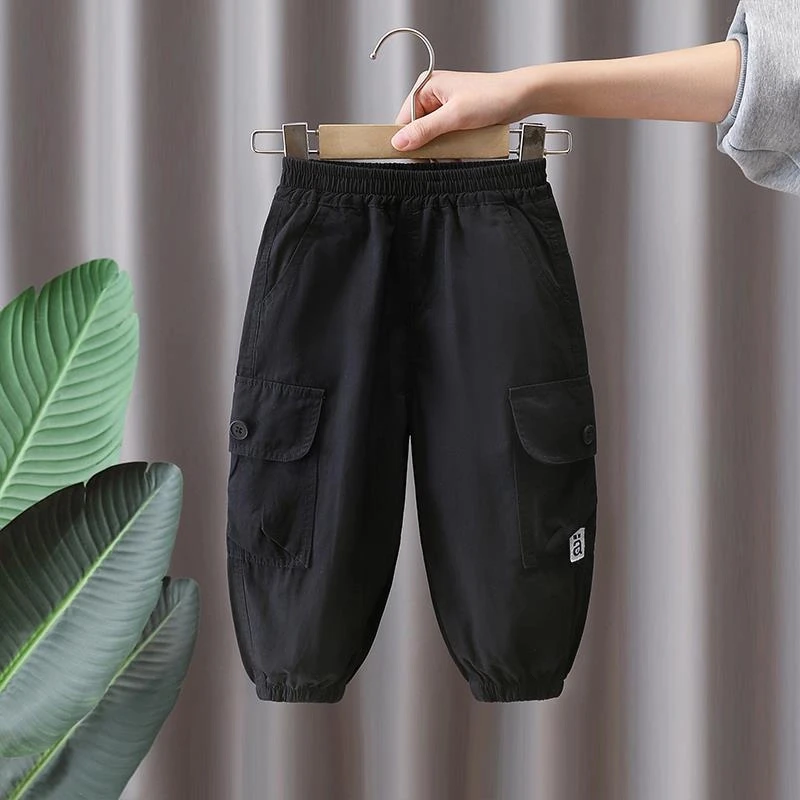 儿童黑色裤子春秋装2025新款男童宽松工装束脚裤春款洋气休闲长裤