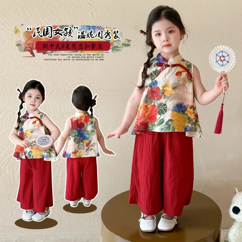 套头碎花休闲风夏季花女薄款套装复古小女童中国风