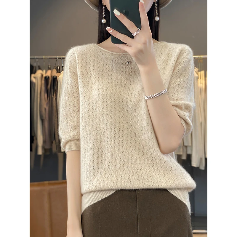 春季新款女装纯羊毛一线卷边镂空五分袖打底衫上衣宽松休闲半袖