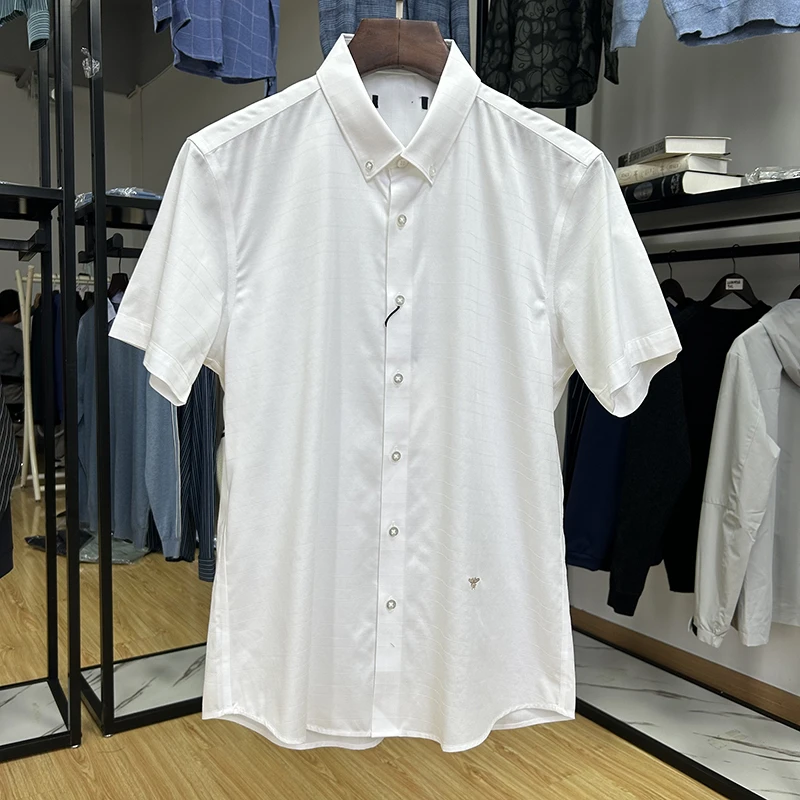 商务休闲扣领暗格纹男士短袖衬衫夏季新品修身衬衣薄Y5T0133