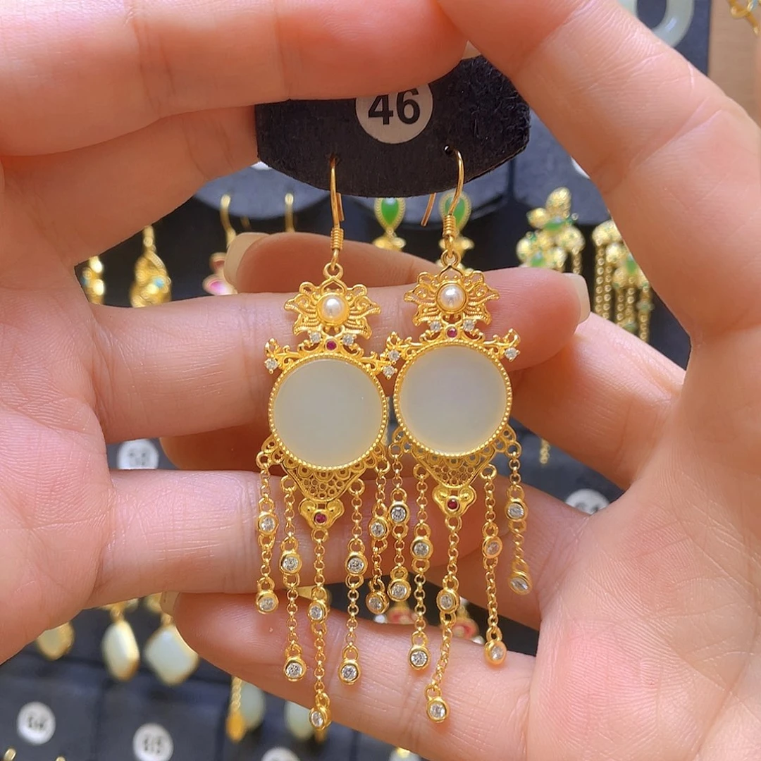 和田玉银S925镀金镶嵌耳饰