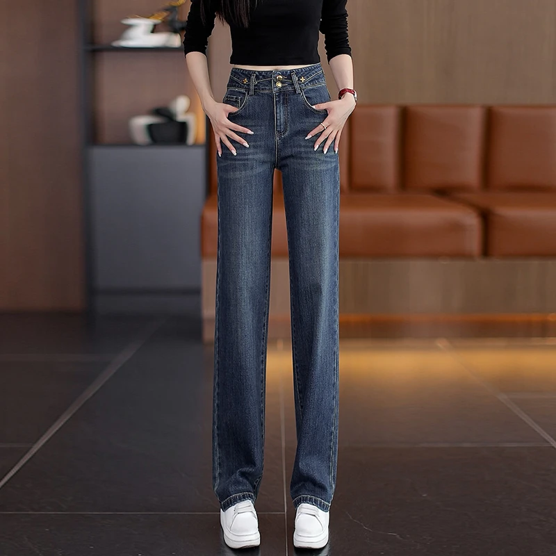 V/雅鹿流行窄版阔腿牛仔裤女2025秋季新款高腰双扣百搭垂感直筒裤