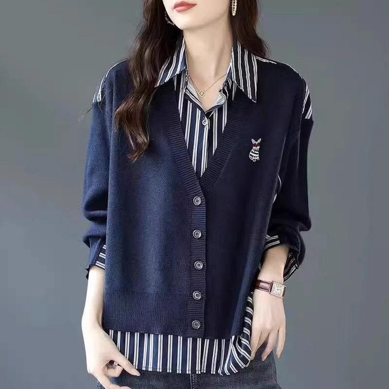 欧洲站2024春秋新款假两件拼接针织衫女设计感条纹衬衫百搭上衣女