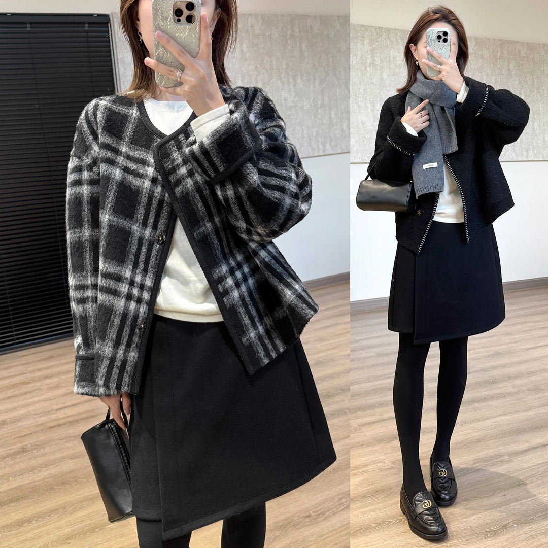 靓小靓【两面穿】复古黑白格纹羊毛双面呢短外套锁边黑色毛呢大衣