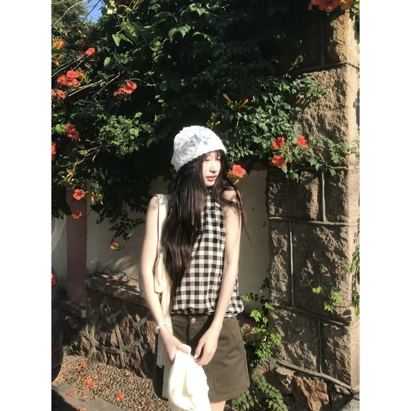 格纹上衣女辣妹挂脖吊带背心2025夏季气质显瘦露背别致独特小衫