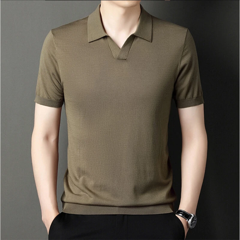 夏季清凉必备桑蚕丝天丝针织T恤男士夏季海鸥领短袖时尚休闲半袖