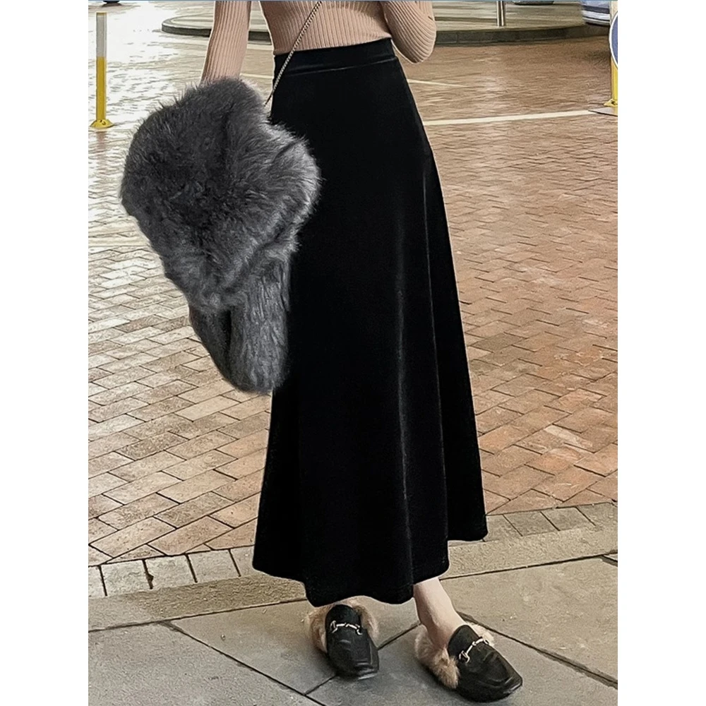 金半身裙女2025秋冬新款高腰垂坠感a字复古显瘦黑色半身长裙