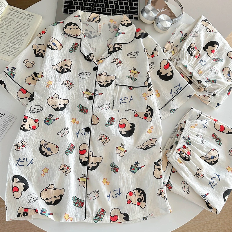 睡衣女夏季短袖卡通蜡笔小新日系ins新款学生可爱家居服三件套装
