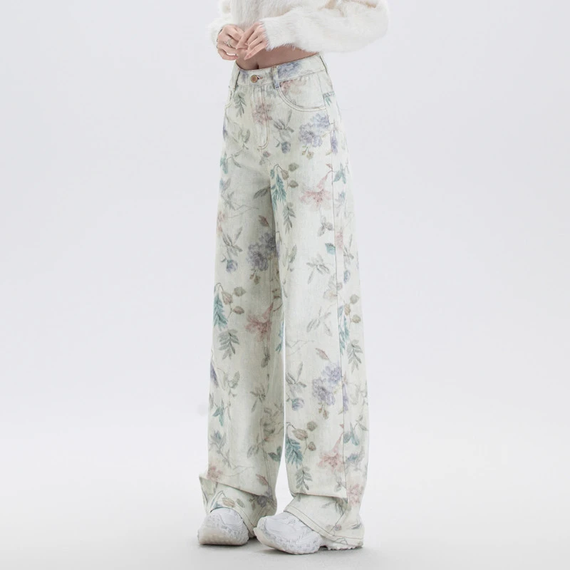 高端印花阔腿牛仔裤女2025新款春秋季宽松直筒裤彩绘高腰时尚潮流