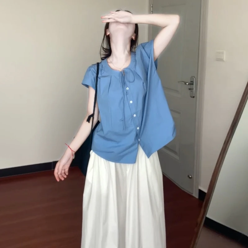 小个子衬衫女装夏法式小飞袖宽松显瘦绑带衬衣娃娃小衫设计感上衣