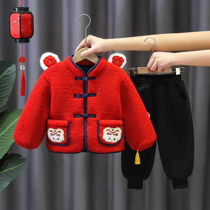 男童汉服套装儿童过年红色喜庆新年装宝宝国风唐装洋气加绒拜年服