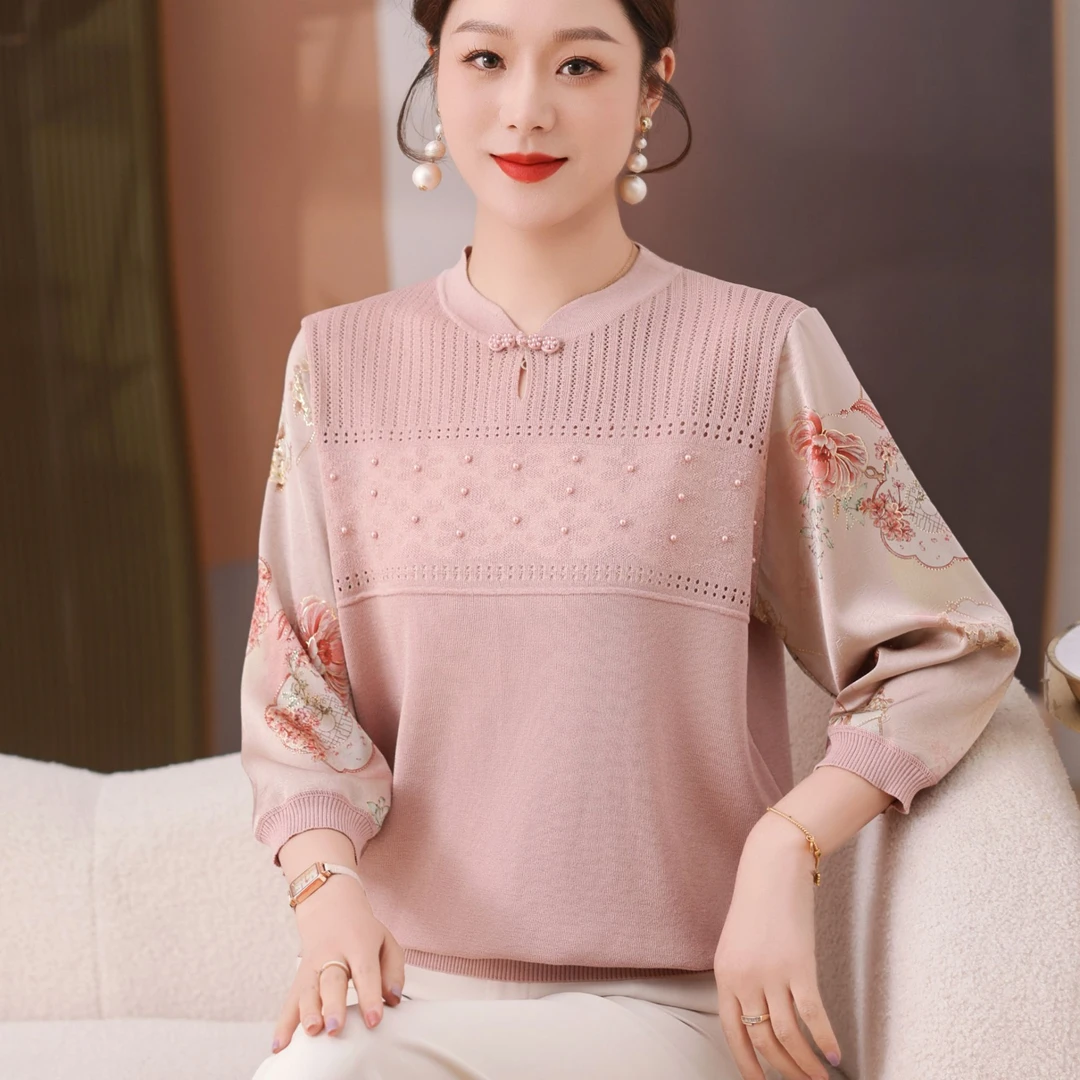 妈妈春装时尚纱袖小衫中老年女士新款洋气针织衫薄上衣七分袖T恤
