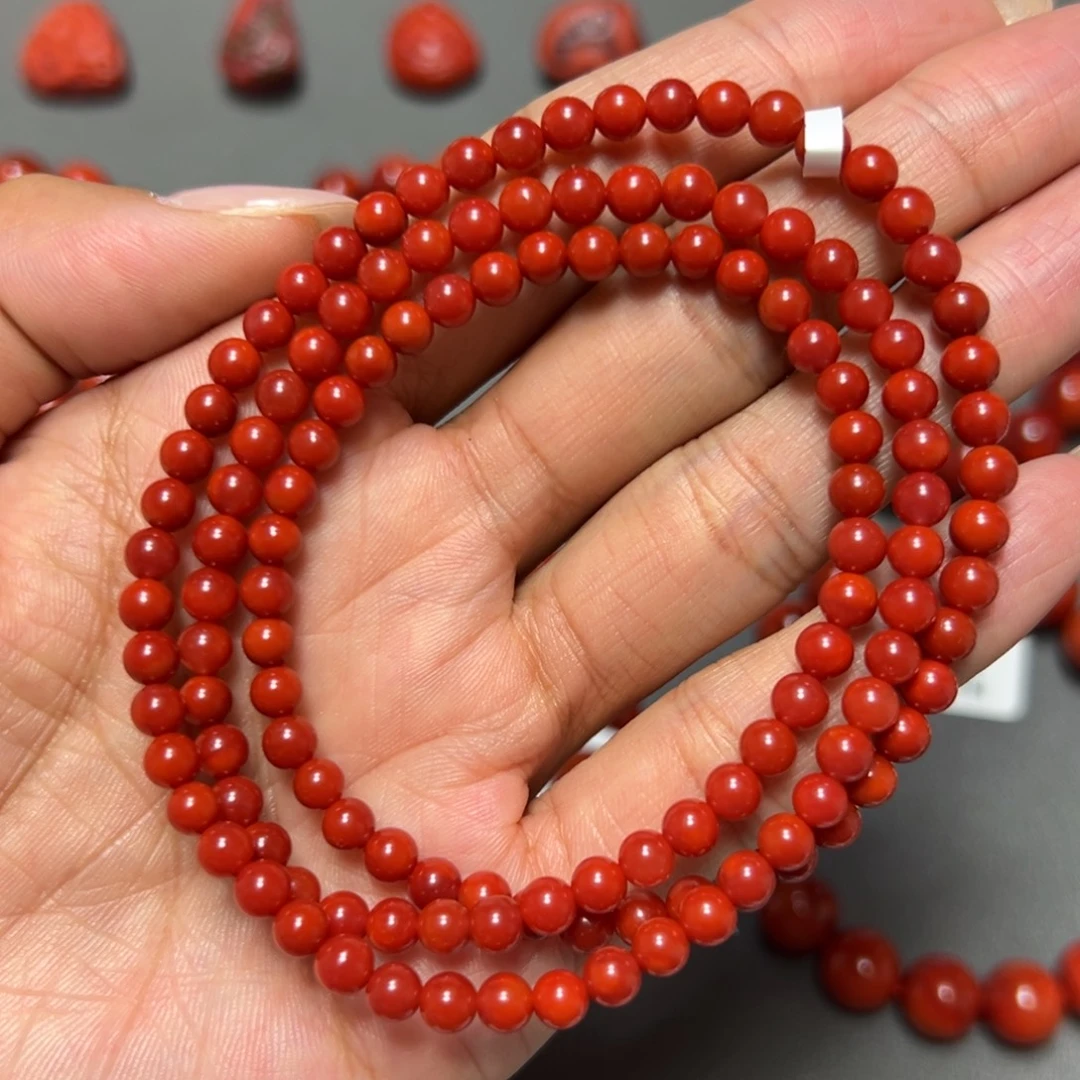 南红玛瑙未镶嵌手串 玫瑰锦红多圈 约4.6mm 高阶色