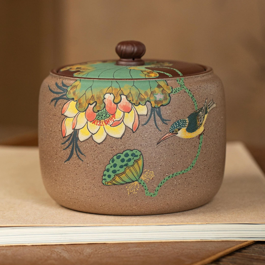 7214紫砂茶具 紫泥粉浆老段堆绘荷花茶叶罐FSY1斤装