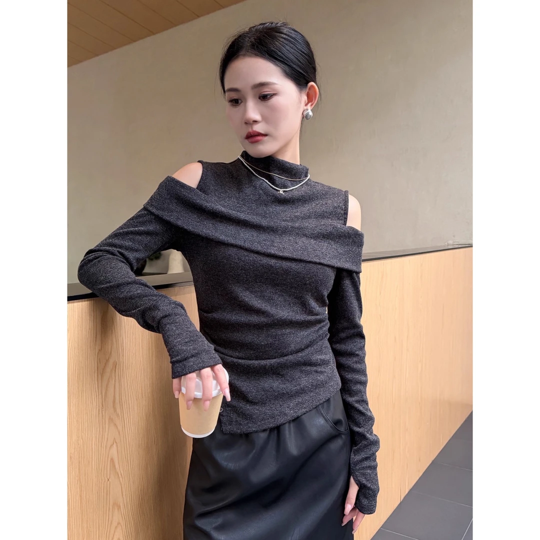 深灰色假两件半高领针织打底衫女内搭秋冬长袖毛衣时髦感外穿上衣