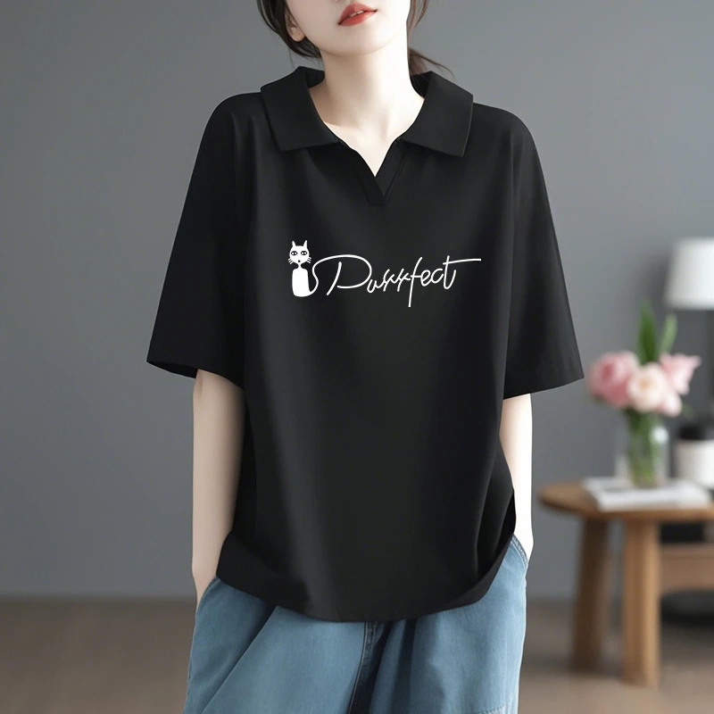 欧货纯棉黑色短袖t恤女夏2025新款宽松显瘦polo领遮臀打底衫上衣