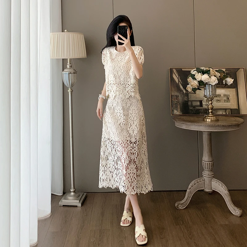 成熟御姐时尚套裙女2025夏高端洋气精致蕾丝短袖上衣半身裙两件套