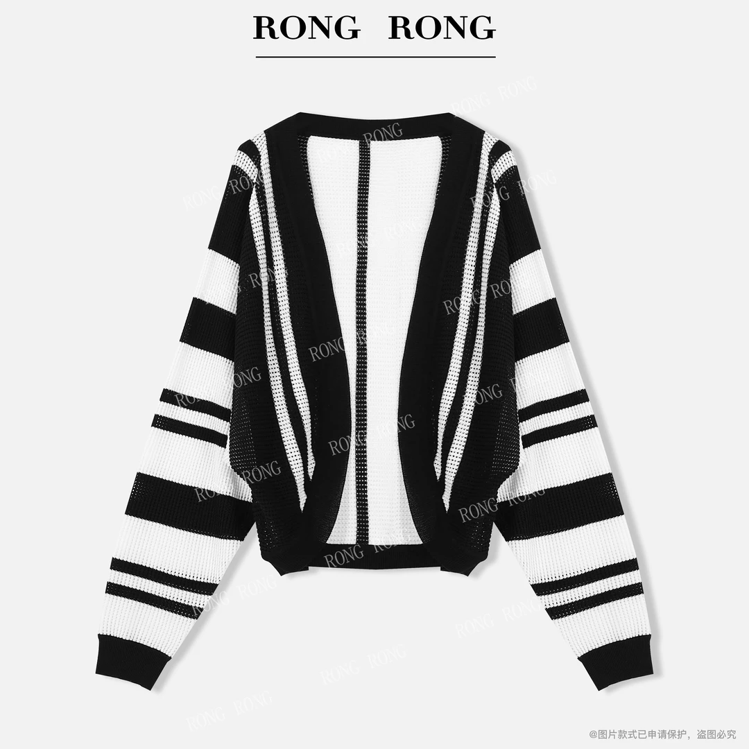 溶溶J【黑白篇章】RONGRONG 莱赛尔亚麻镂空条纹针织开衫C-S210800