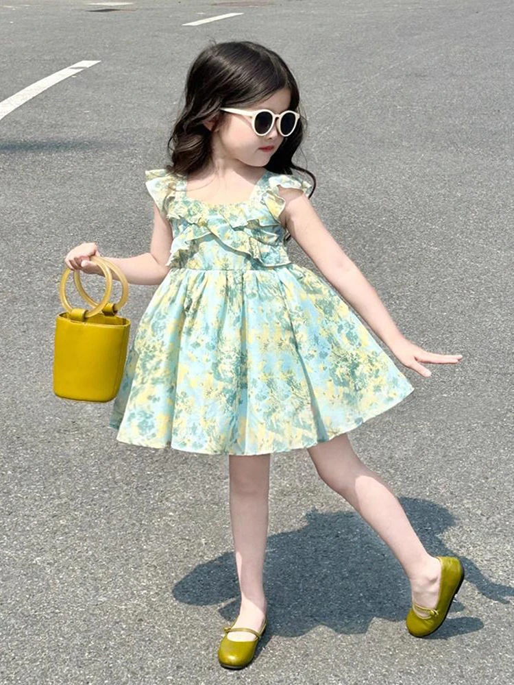韩版女童2025夏季新款青绿色荷叶碎花茶歇裙小清新方领轻奢气质裙