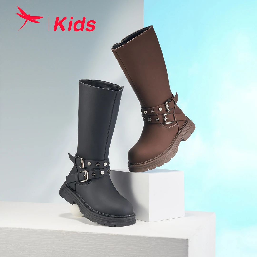 红蜻蜓儿童24冬季新款女童时尚长筒加绒英伦儿童长靴Q44BXCX409