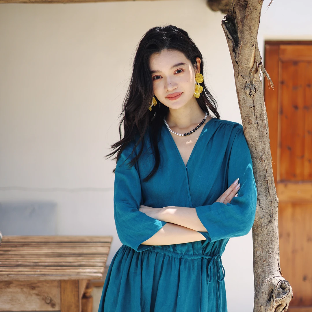 绽放423朵/限量复活款·2012年砂洗亚麻斜襟系带收腰连衣裙子女