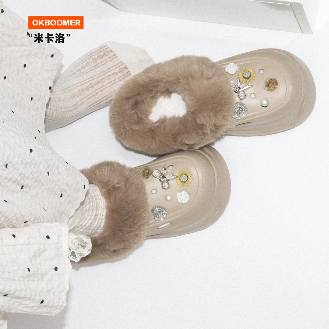 OKBOOMER米卡洛毛绒洞洞鞋厚底增高6cm外穿保暖高级感女生一脚蹬