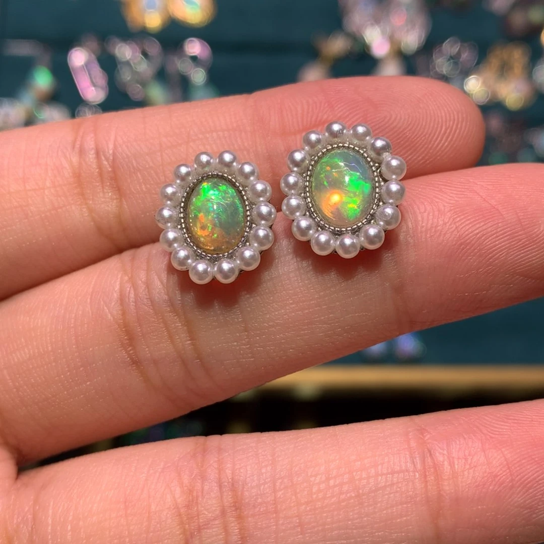 银S925镶嵌欧泊耳钉