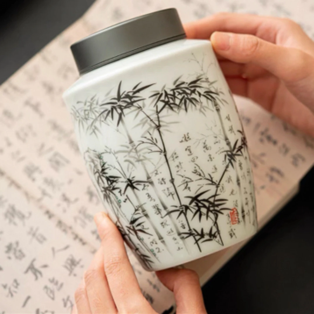 水墨影竹陶瓷茶叶罐中式复古密封罐双盖密封储物罐一罐多用
