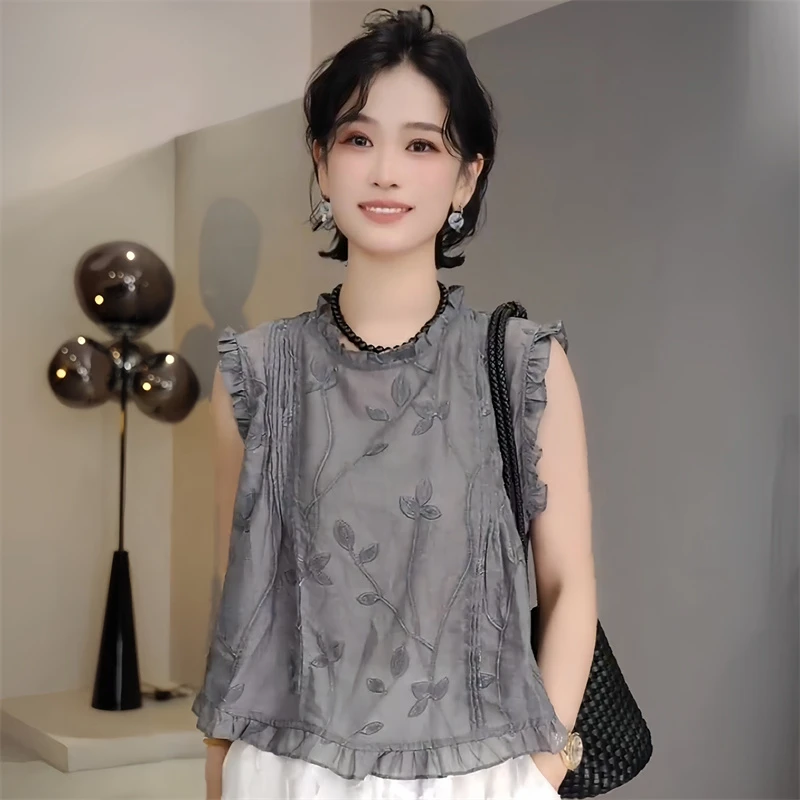 复古洋气蕾丝花边娃娃领衬衫女2025夏季新款植物花草休闲背心上衣