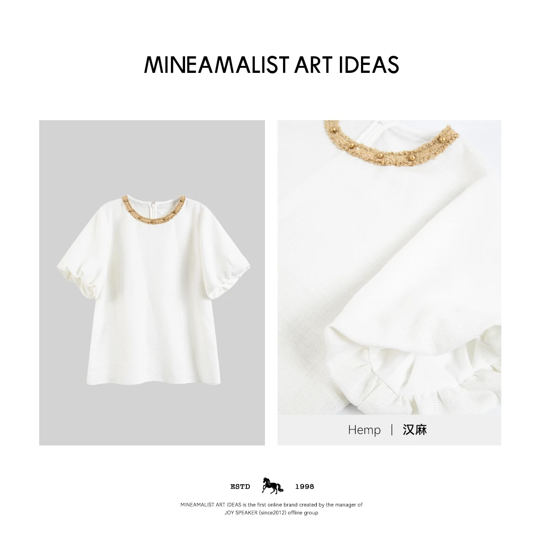 MINEAMALIST ART IDEAS夏季圆领法式手工钉珠汉麻上衣3976M