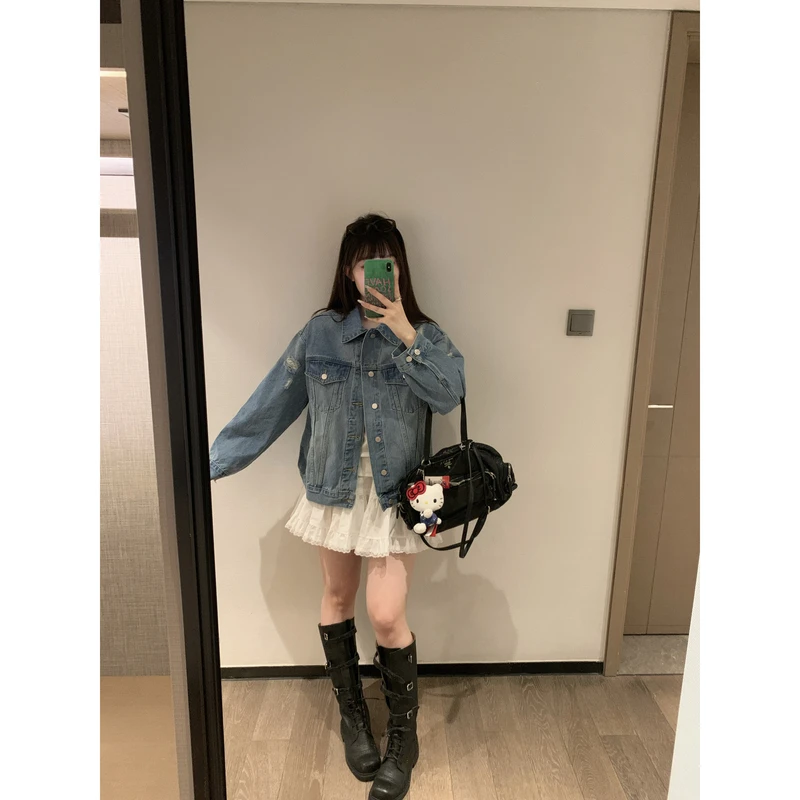 小沈美眉 ins博主 复古破洞水洗蓝色牛仔外套春季宽松显瘦上衣女