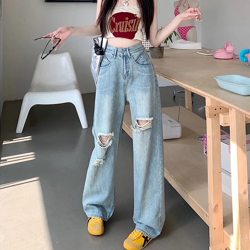 破洞牛仔裤女阔腿裤新款2025秋季女款宽松显瘦高腰直筒垂感拖地裤